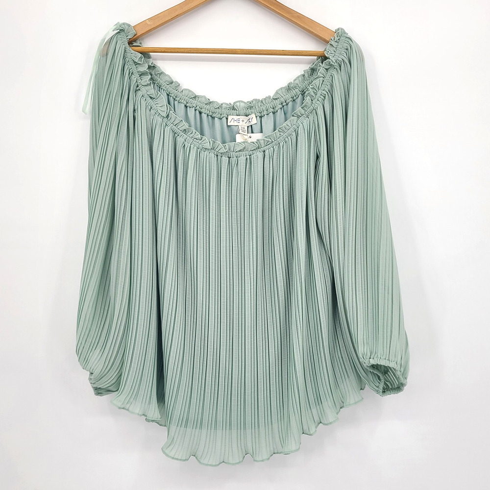 She + Sky Off Shoulder Pleated Chiffon Flowy Top Seafoam Boho Chic Size 2XL